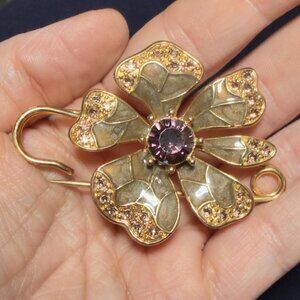 Flower Brooch Rhinestone Enamel Floral Safety Pin Statement Brooch 2.75"